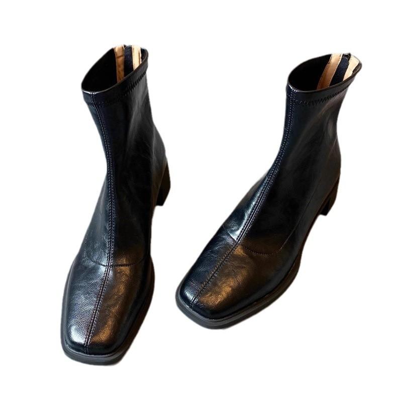 Franska mjuka läder tjock klack korta stövlar dam 2025 höst och vinter nya sammet retro fyrkantig tå hög klack elastiska tunna Martin-stövlar