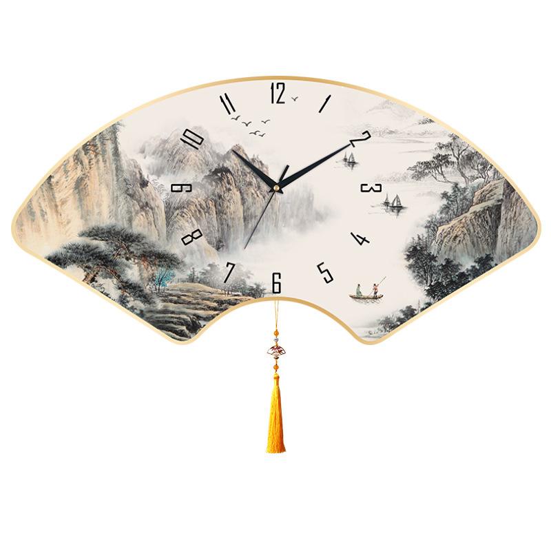 New Chinese Style Silent Wall Clock Home Living Room Wall Quartz Clock Bedroom Wall Clock Calendar Clock Fan-shaped Creative Clock
