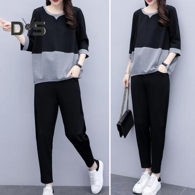 2 ks/sada Dámské tričko Kalhoty Set Sportovní oblečení Colorblock Top s kulatým výstřihem Poloviční rukáv Top Elastický pas Dlouhé Kalhoty Běžné kalhoty Top na dojíždění