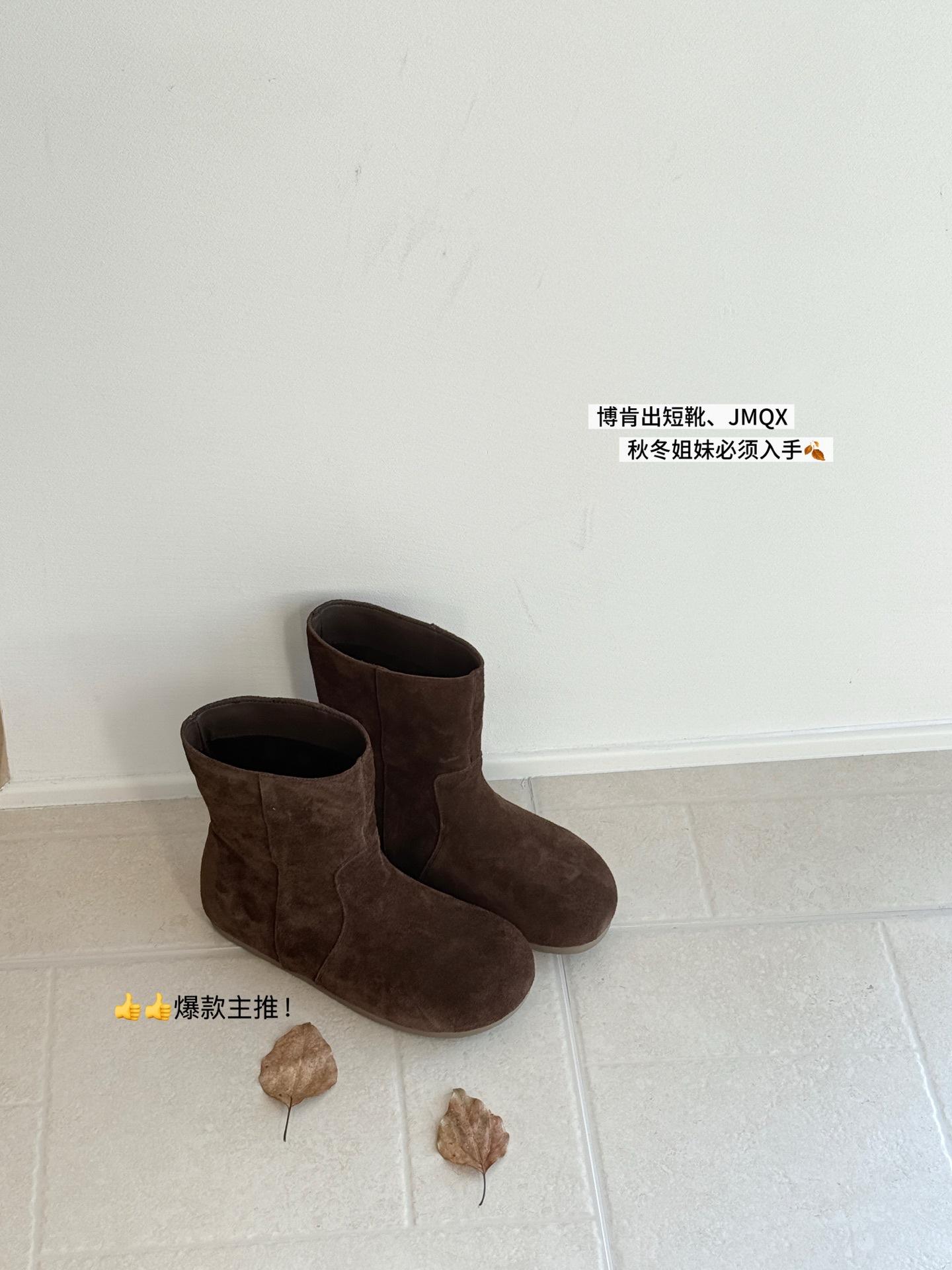 

Frosted cowhide Korean retro round head sleeve short boots women s boots 2025 new autumn casual flat-bottomed medium boots 39 коричневый