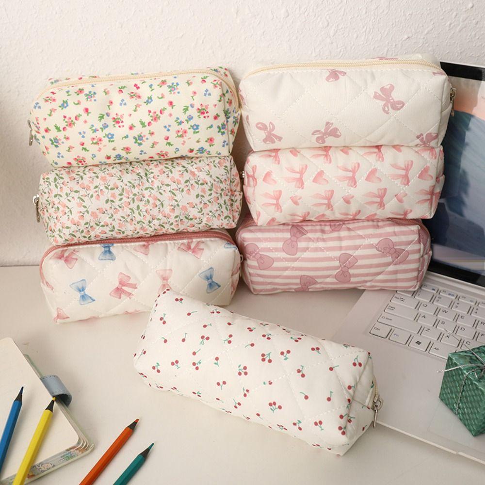 New Bowknot Floral Print Pen Bag Large Capacity Portable Storage Bag Multifunctional Stationery Bag School Office
