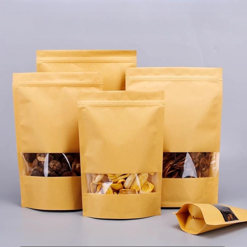 Sáček z kraftového papíru, samonosný, s průhledným okénkem, samouzavírací obalový sáček, ekologický zapečetěný obalový sáček, dostupný v několika velikostech