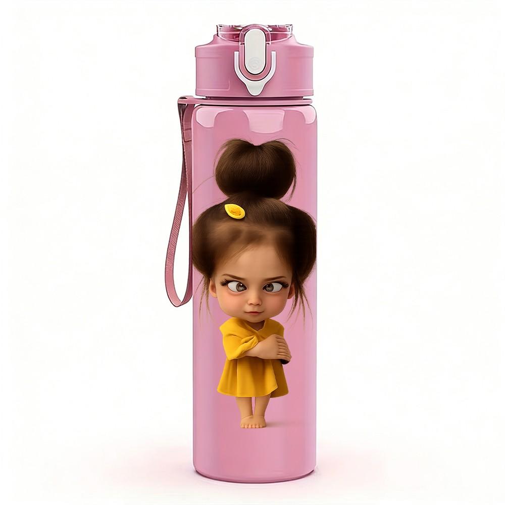 1PC Little Afro Girl Yellow Dress Portrait Print 750ml Color Plastic Sports Water Bottle Leakproof Flip Straw Lid Suitable for Sports Office Home Use