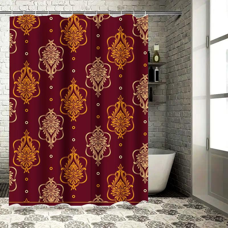 Luxurious Floral Bath Shower Curtain Decorative Waterproof Fabric Bathroom Decoration Privacy Indoor Home Decor in Red Gold Colo