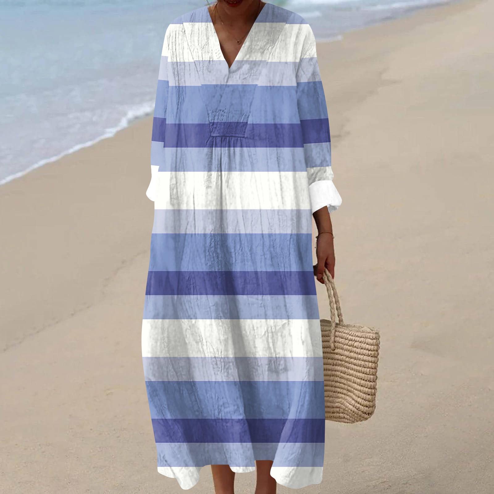 Women s Casual Fashion V-Neck Long Sleeve Striped Maxi Dress M синий
