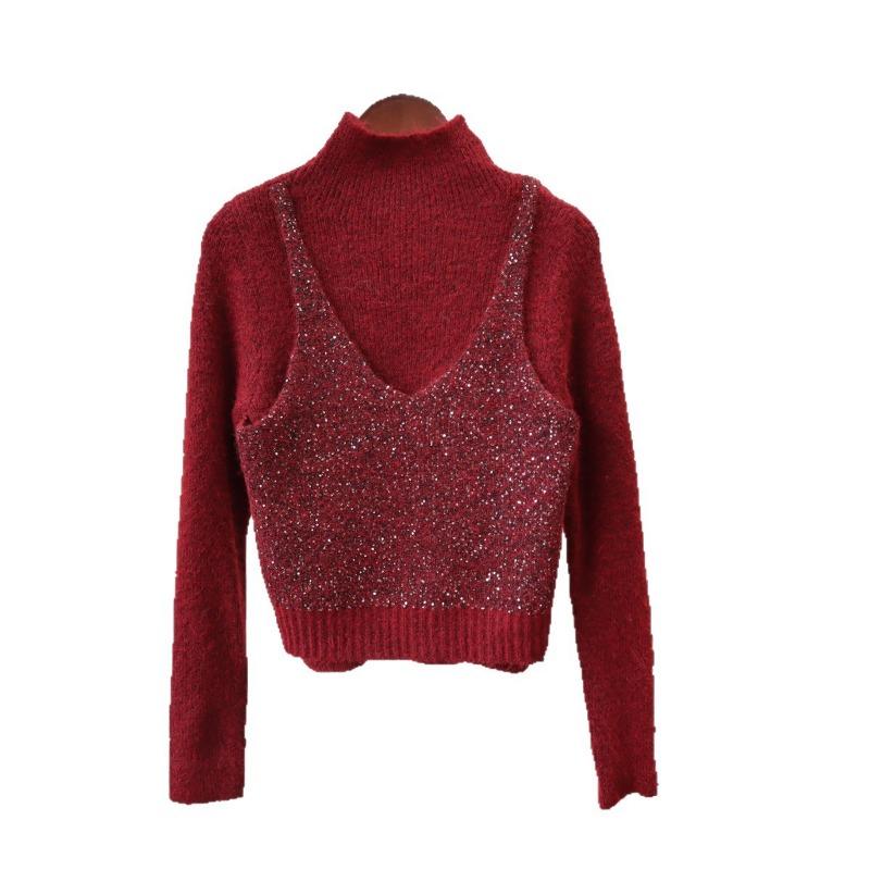 Autumn and Winter New Semi-turtleneck Fake Two-piece Sequined Knitted Sweater Top Slim and Thin Sweater Pullover Inside Women