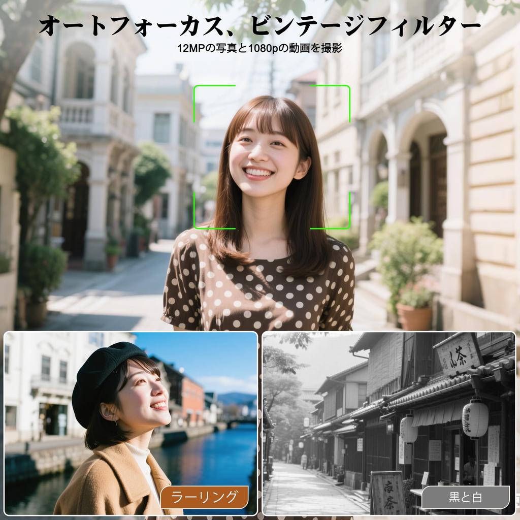 CHUZHAO Vintage Mini Digital Portable Retro Compact 1080P Video Camera with 12MP Autofocus for and Includes 16GB Neck Charging and Japanese