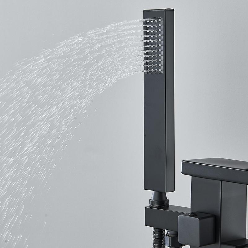 Matte Black Waterfall Bathtub Faucet Floor Standing Bathroom Bath Shower Set Hot and Cold Bath Tap Mixer With Handshower