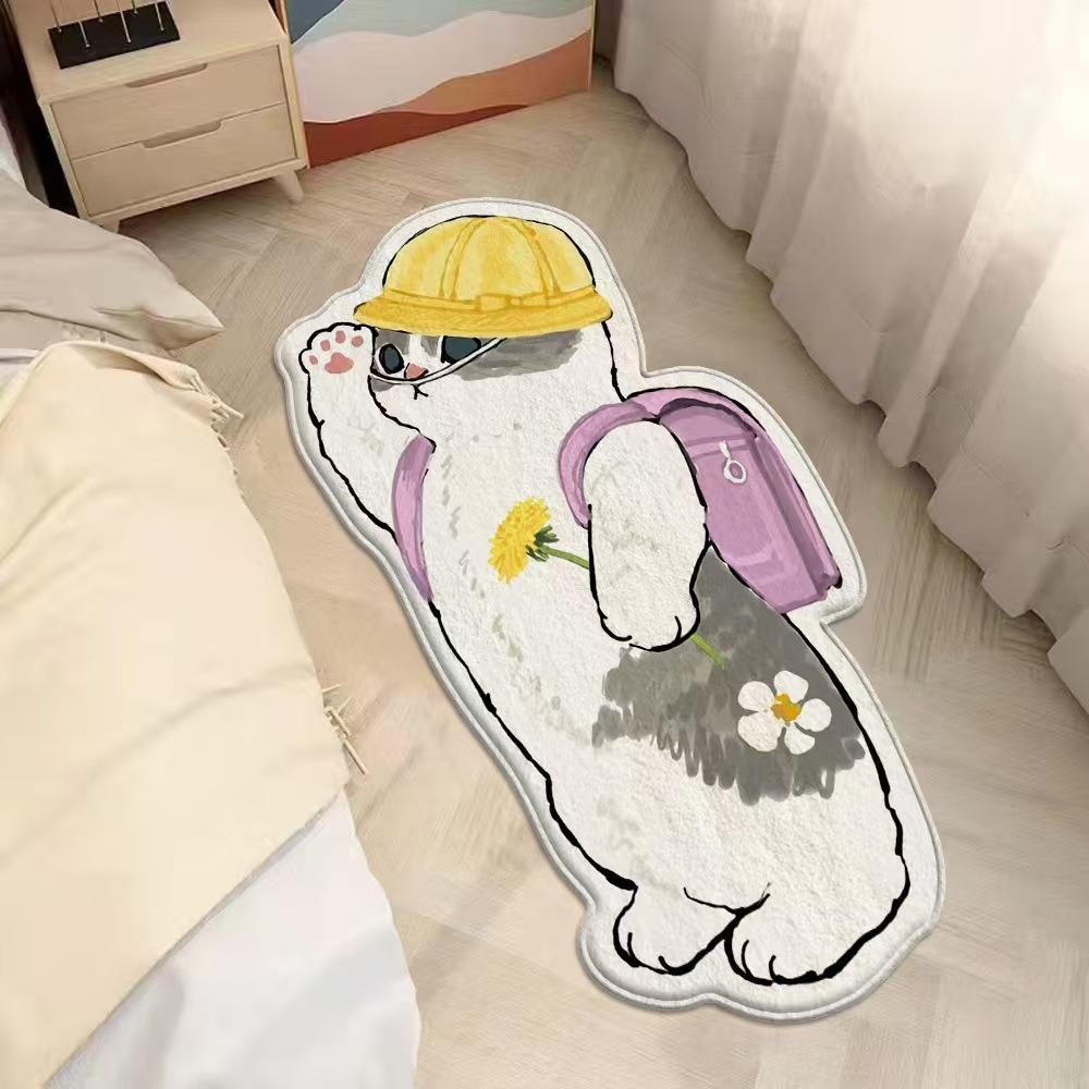 2pcs Cartoon Cute Cat Imitation Cashmere Bedroom Carpet Special-shaped Bedside Carpet Floor Mat