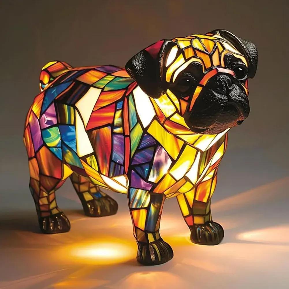 LED Animal Resin Table Lamp Dog Series Art Night Light 3D Stained Glass Cute Dog Bedside Lamp for Living Room Bedroom Decoration