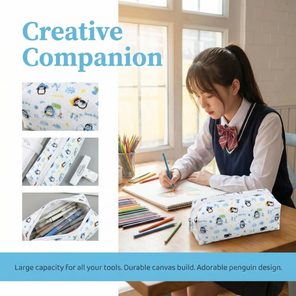 Multifunctional Stationery Bag Penguin Pattern Stationery Organizer Students Pen Bag  Students