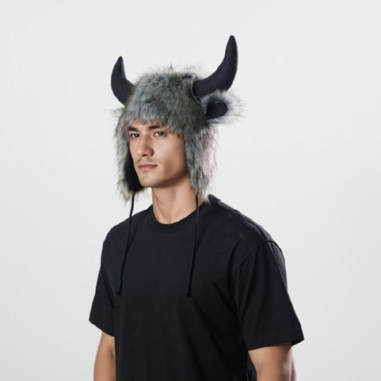 Animal Earflap Hat Cosplay Headwear Winter Warm Hat with Bull Horn For Women Teens Halloween Party Costume Accessories