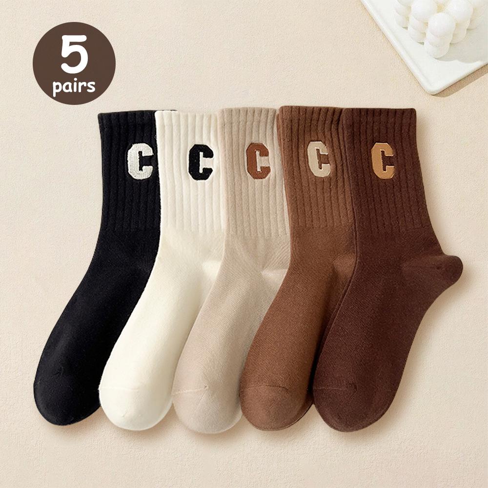 

5 Pairs Winter Autumn Mid Calf Socks Letter Pattern Knitted Outdoor Elastic Sports Socks Men Women Breathable Warm Running Socks