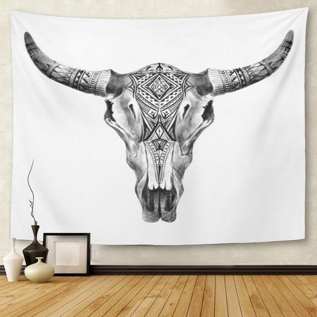 Emvency Tapestry Black Bull Aztec Longhorn Skull Cow Tribal Home Decor Wall Hanging for Living Room Bedroom Dorm 60x80 inches
