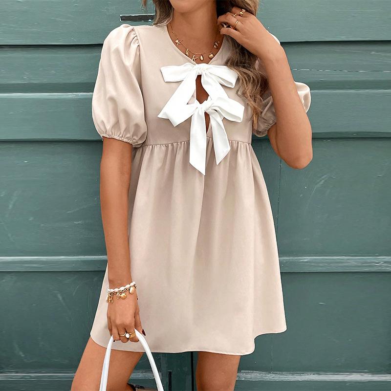 

Women Casual Lantern Sleeve Bowknot V Neck Solid Color Knot One Piece Dress XL