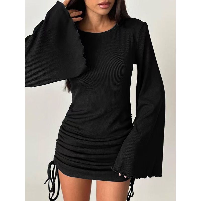 Fall Fashion Fashion round-Neck Flared Sleeves Shoelace Dress Trumpet Sleeve Lace up Dress