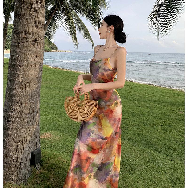Real Shot Seaside Retro Monet Oil Painting Color Suspender Dress Women's Summer Small Slim Dress