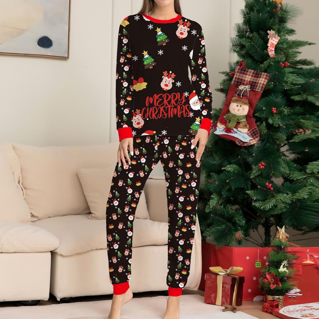 Christmas Woman Mom Printed Letter Top+Lattice Pants Xmas Family Clothes Pajamas