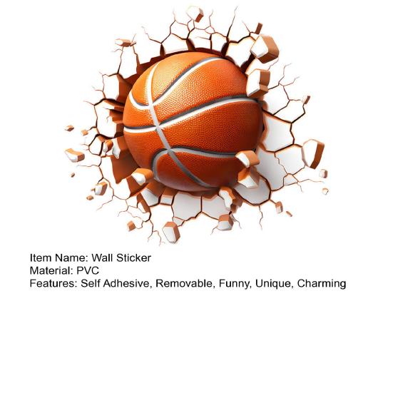 3D Basketball Wall Sticker Basketball Break Through The Wall Decor Self Adhesive Removable Wall Decal for Boys Bedroom Living Room Decor