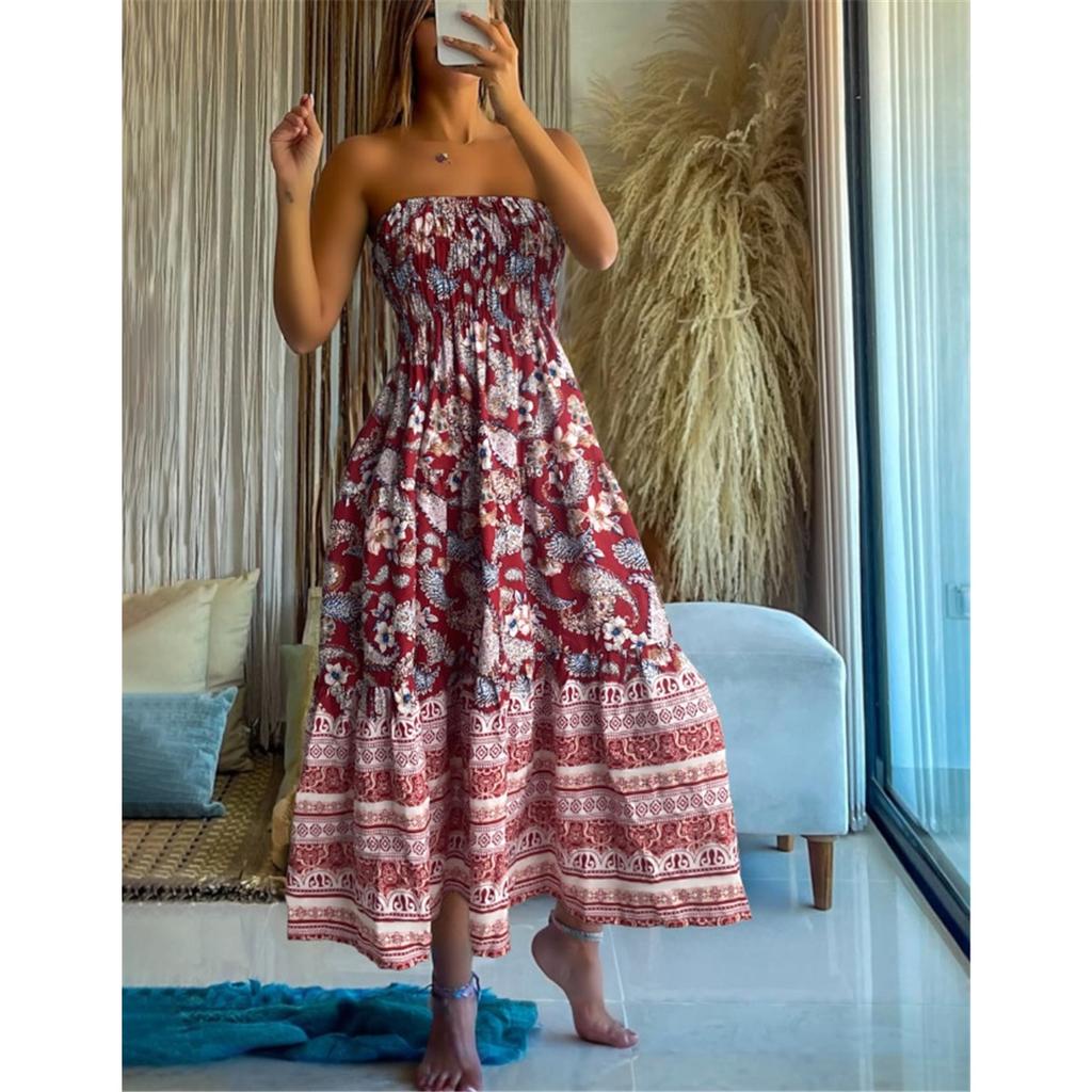 Sommer Neu Böhmischer Urlaubsstil Mehrfarbiger Druck Süßes Bustierkleid Große Schwingkleider für Frauen
