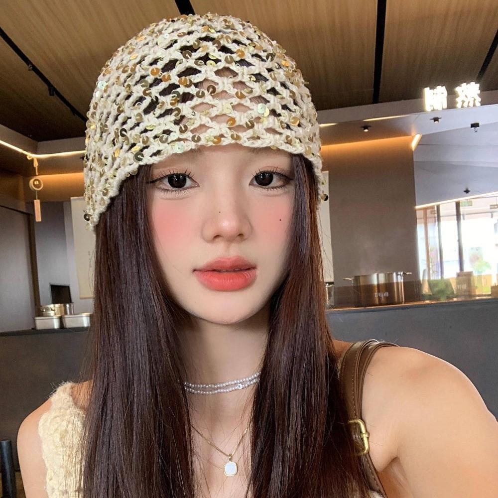 Hollow Sequin Woven Cap Vintage Beanie Hats Retro Sequin Bucket Hat  Spicy Girls