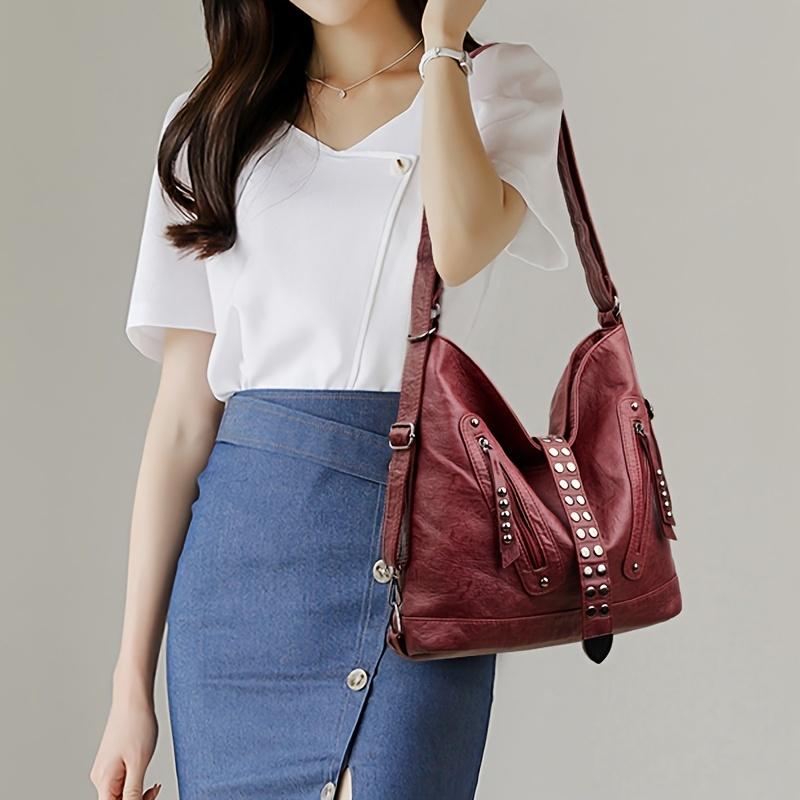 Elegant Shoulder Bag Large Capacity Elegant Solid-Color Rivet Messenger Bag Travel Shopping Retro Bags New Handbag