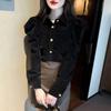 Women's Chic Black Velvet Puff Sleeve Top - Retro Court Style, Designer, Plus Velvet, Perfect for Autumn/Winter