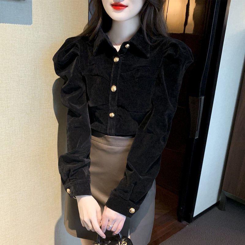 Women's Chic Black Velvet Puff Sleeve Top - Retro Court Style, Designer, Plus Velvet, Perfect for Autumn/Winter