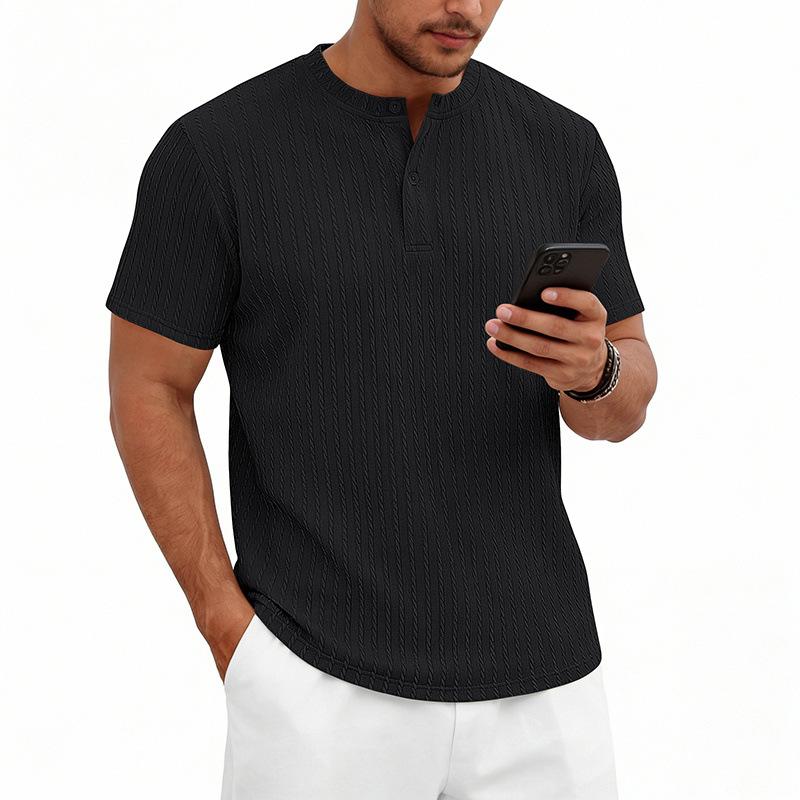 Mens American Retro Texture Elastic Loose Casual Short Sleeve Henley T Shirt