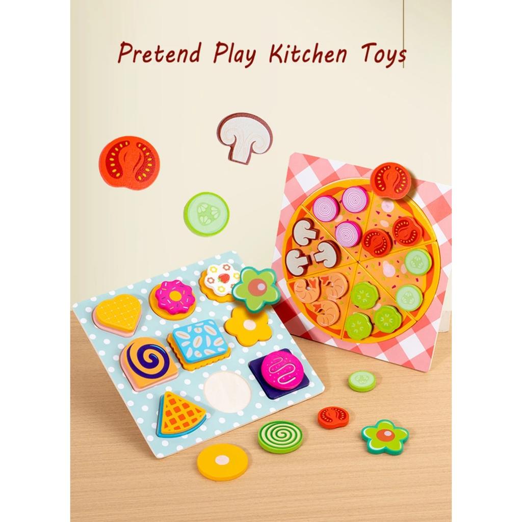 Kids Wooden Kitchen Toy Pretends Play Cutting Pizza Game Simulation Make Cookies Dessert Food Creative Education Toys Girls Gift