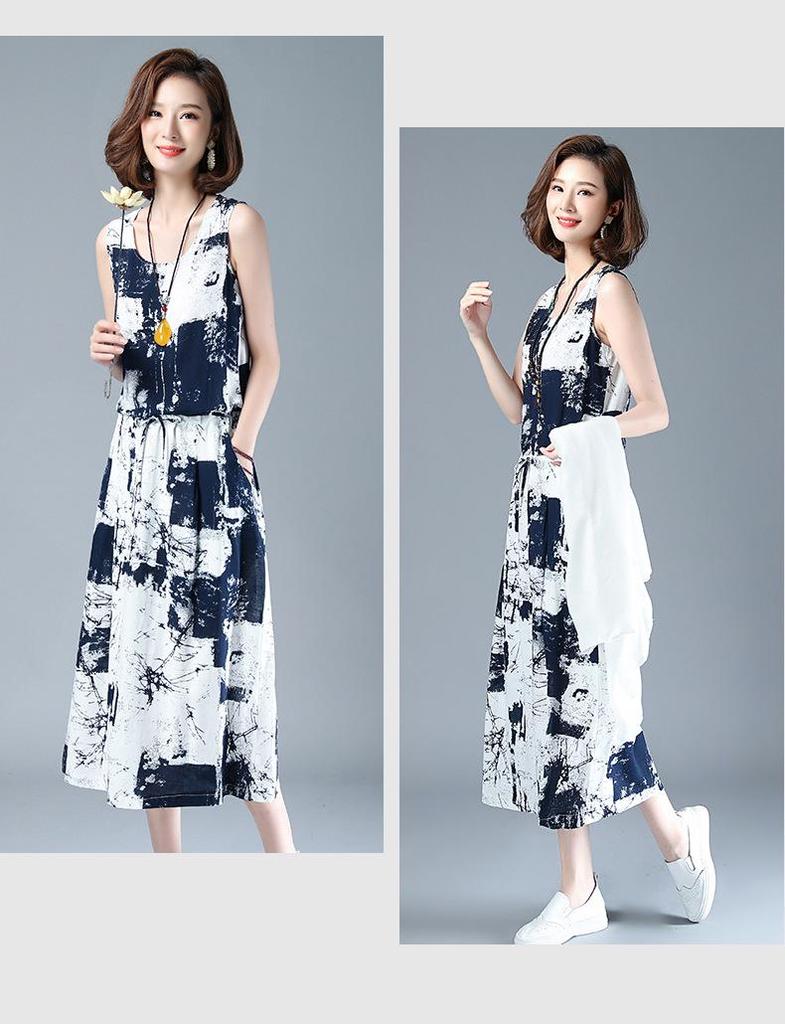 Damen 2025 Sommer Baumwoll-Leinen Tusche-Print Schal Zweiteiler Kleid-Set