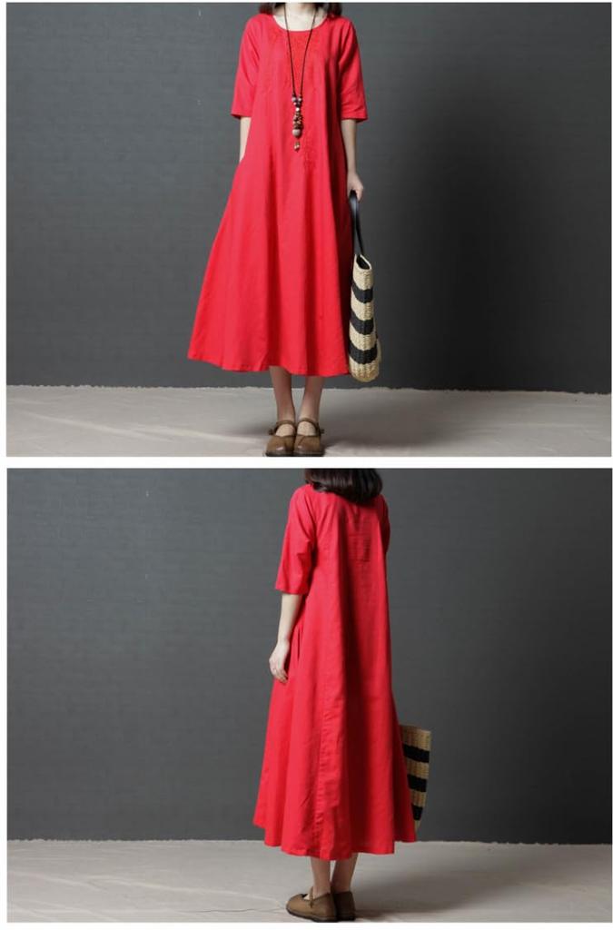 Summer Cotton Linen Short Loose Long Maxi Round 3 Sizes Slimming Solid Color [JINJUDUO] Women's Dress, Sleeve, A-Line Dress, Length, Neck, Casual,