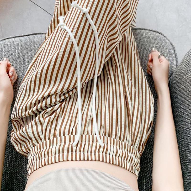 Women's Korean Pinstripe Wide-Leg Pants - Summer Casual, Loose Fit, Elastic Waist & Drawstring, Textured Straight-Leg.