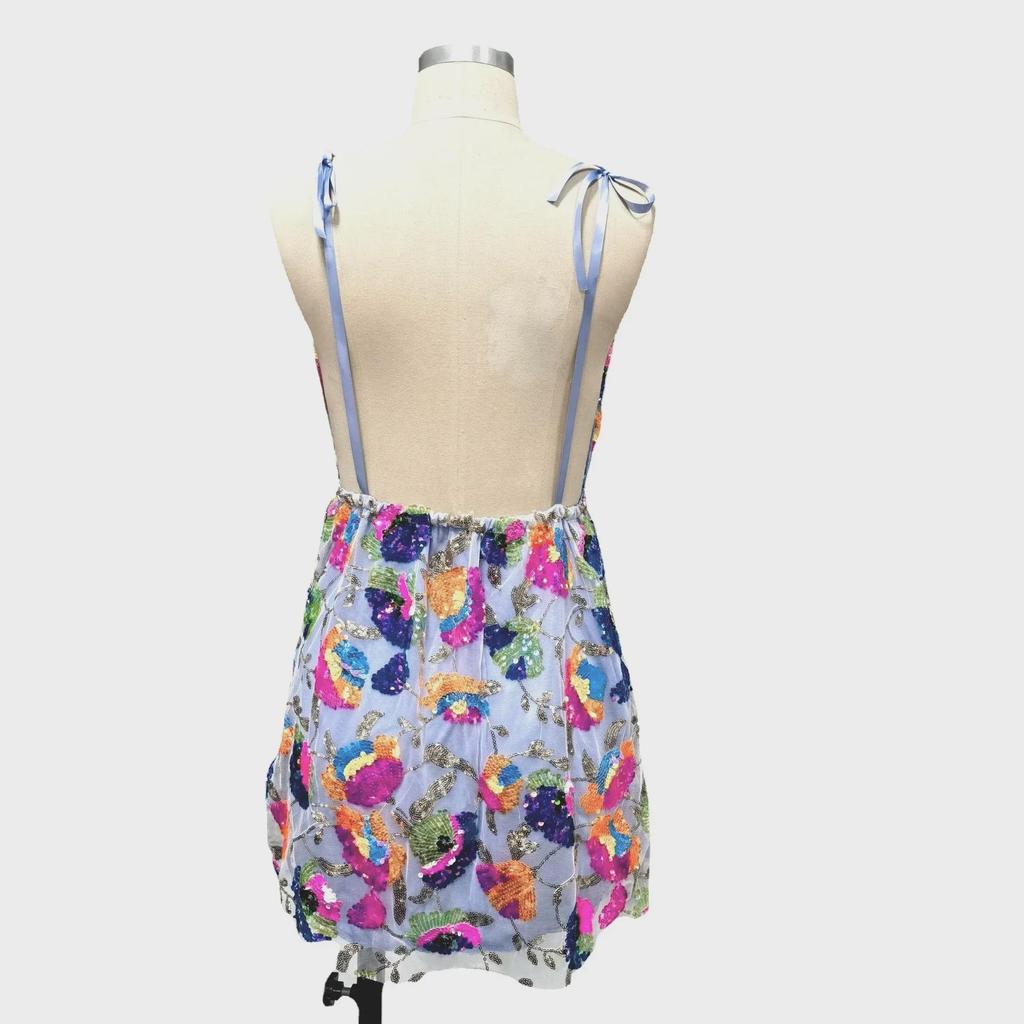 2023 Sexy šaty pro ženy s hlubokým výstřihem do V, bez zad, se flitry a květinovou šněrovačkou