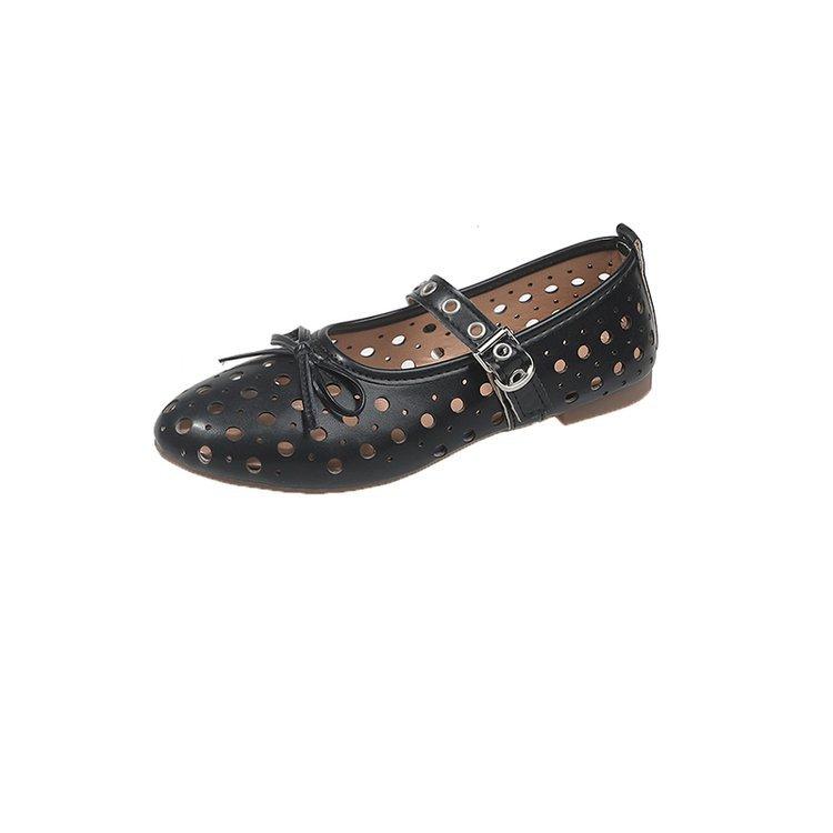 

Women Shoes 2025 Spring New Metal Decoration Buckle Strap Soft Sole Mary Jane Shoes Breathable Non Slip Hollow Bow-knot Flats 40