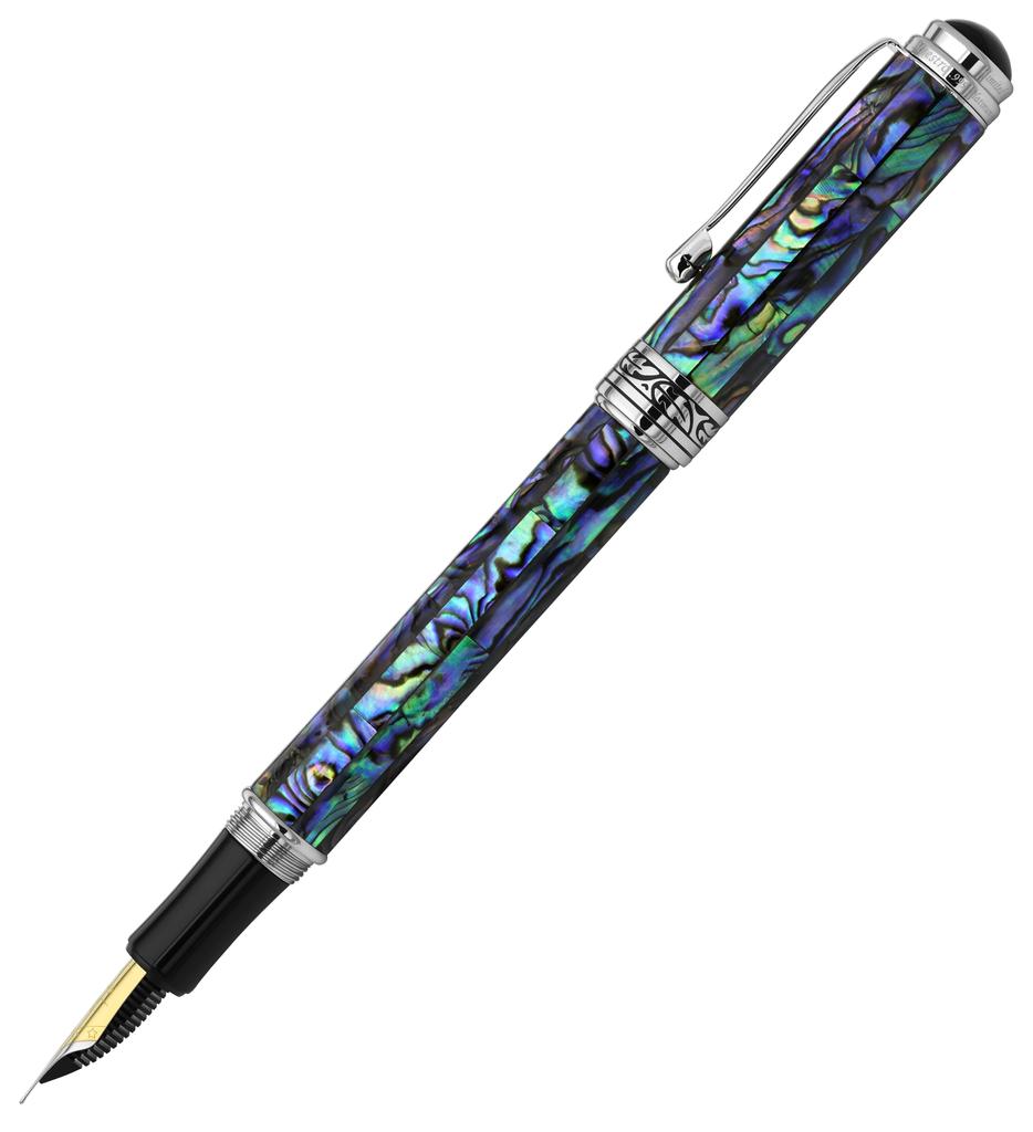 Xezo Maestro Fountain Fine Natural Abalone Pure Platinum Limited Serialized Pen, Nib, Shell, Plated, Handmade, Edition,