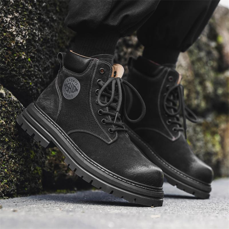 FashionMen Motorcycle Leather Boots Lace Up British Style High Top Shoes Walking Casual Platform Plush Warm Winter Boots Bota Masculina