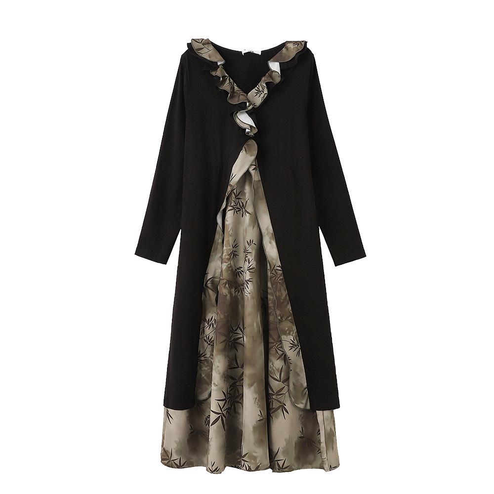 

Chinese Style Plus Size Ruffle Dress for Spring & Autumn - 130-320 Jin, Women s Fake Two-Piece Long Dress (2026) 2XL (suggested 130-160 jin)