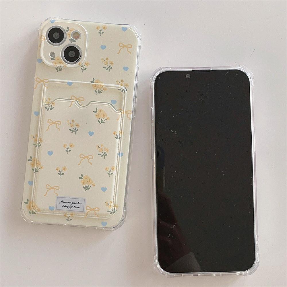 Rosa und gelbe iPhone 13-Hülle mit kleinen Blumen für iPhone 11, 12 Pro Max und iPhone 14 mit Kartenfach.