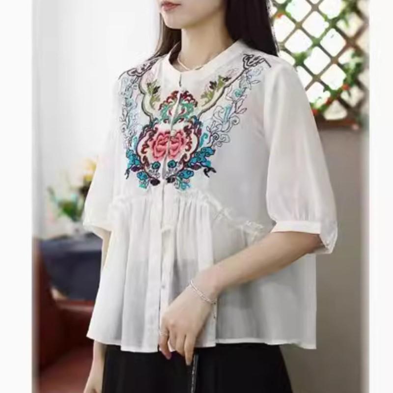Johnature Women Embroidery Floral Vintage Shirts Tops Stand Half Sleeve Blouses