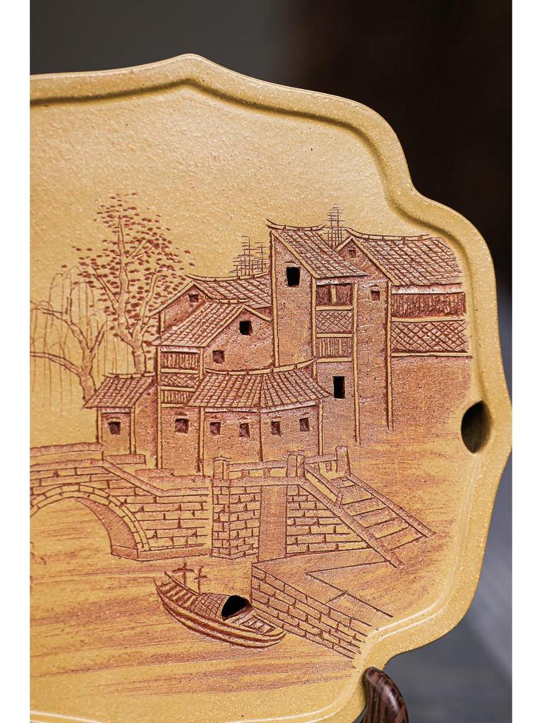 Yixing Zisha Original Ore Duan Ni Tea Tray with Exquisite Water Chestnut Flower Carvings.