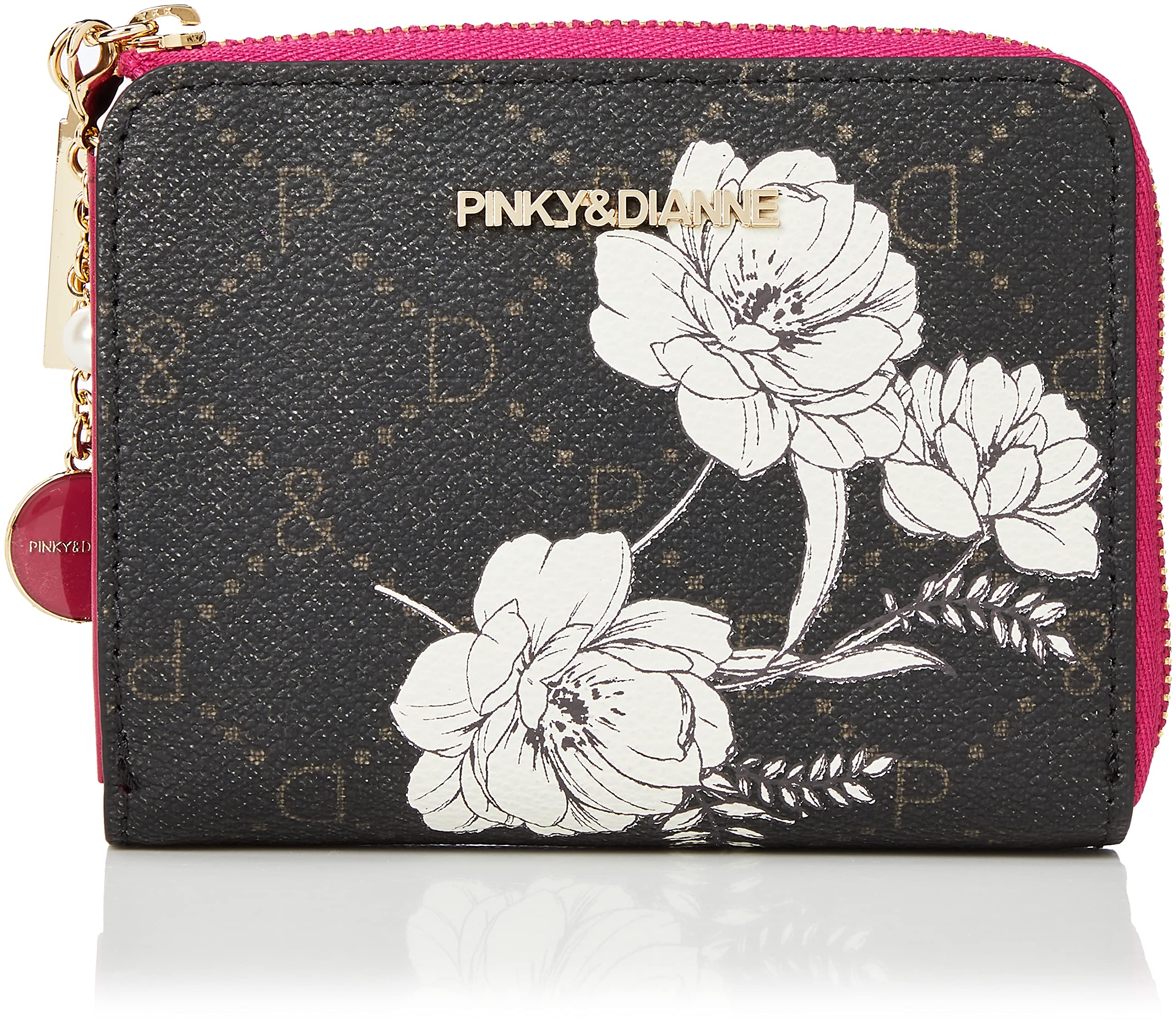 

and zipper bifold wallet Original logo print Floral motif Scratch resistant Card storage Compact PVC cowhide PDLWCES3 Black [Pinky Diane] L-shaped чорний
