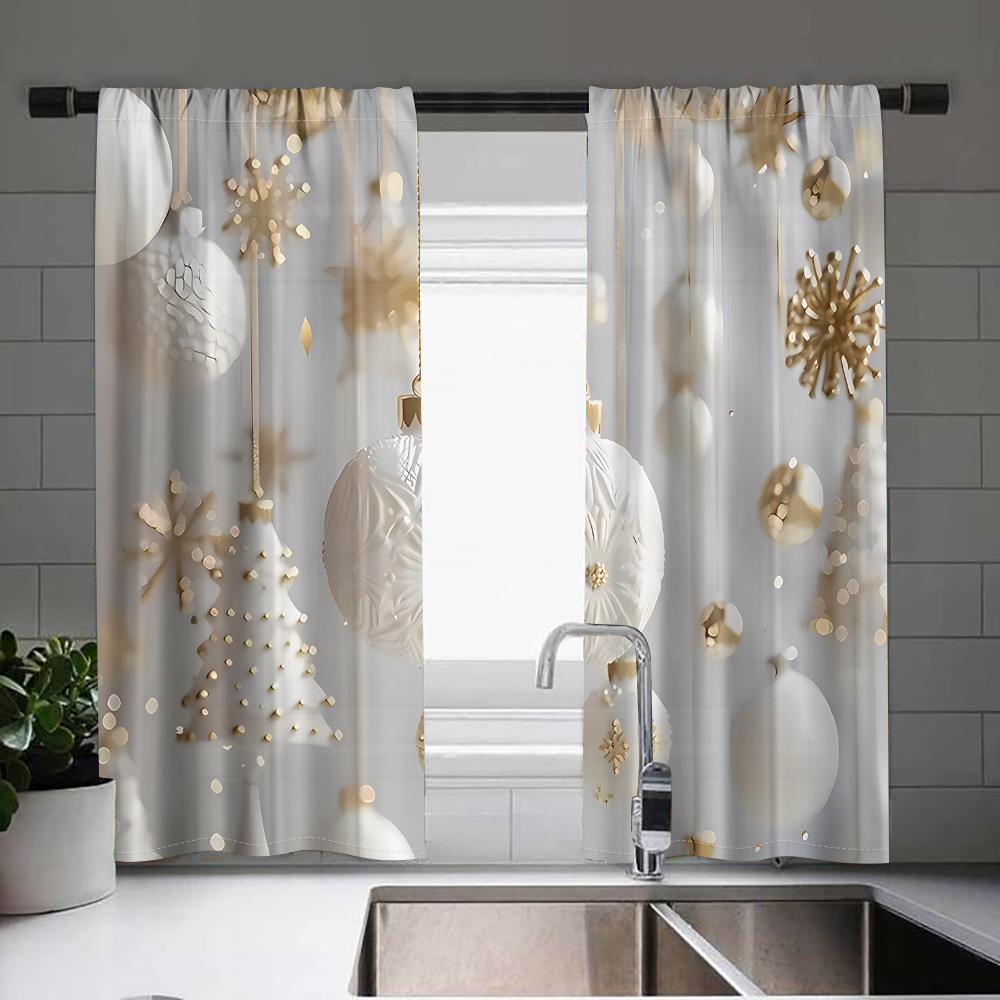 2 Panel Christmas Curtains White and Gold Christmas Balls Christmas Tree Window Decoration Curtains Stock Shipping Fast