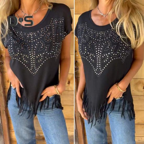 Women T-shirt Round Neck Short Sleeve Tee Shirt with Hot Rhinestones Printing Tassel Hem Solid Color Pullover Tops Daily Wear