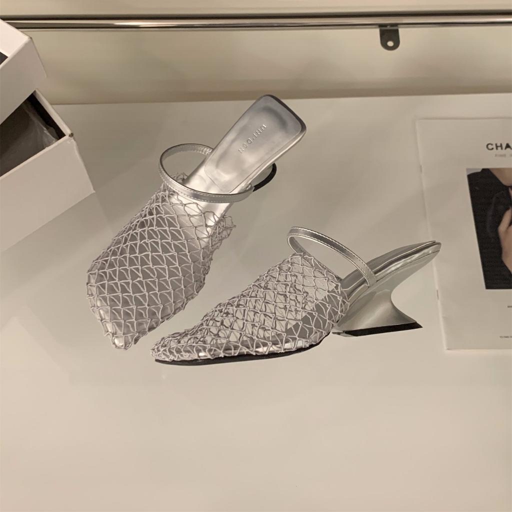 Internet celebrity slope heel mesh bag head half slippers women's shoes wear 2025 new summer breathable sandals