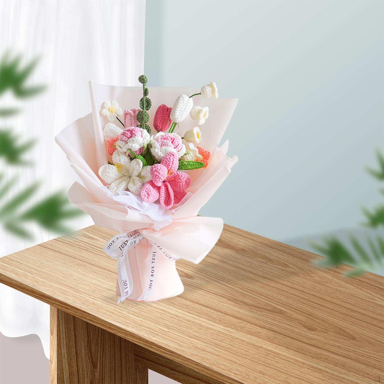 

Crochet Flower Bouquet Knitted Artificial Faux Fake Flowers Mother s Day Gift Knitting Pink Wrap Paper