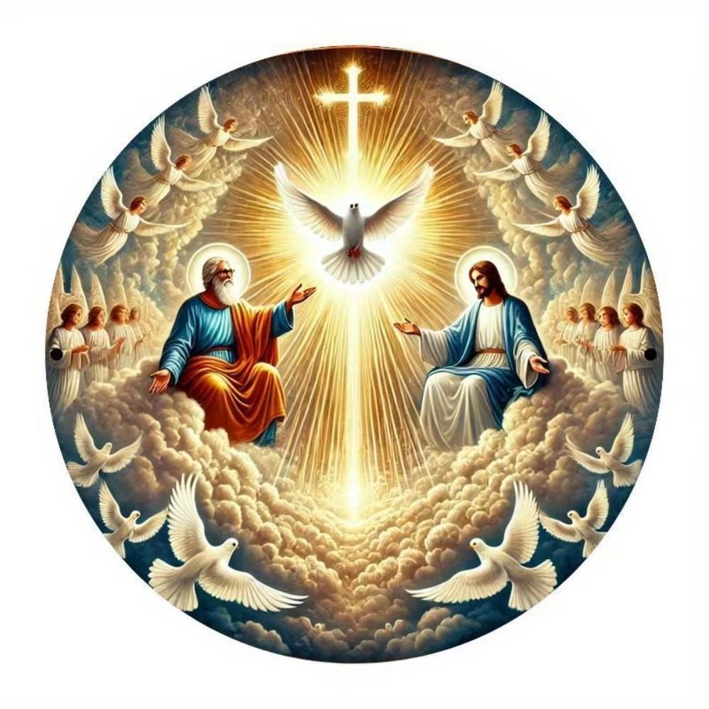 Divine Scene Metal Wall Art Holy Trinity with Golden Hues Doves D Flat Decor