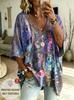 Women's Simple Floral Pattern Printed V-Neck Top Three Quarter Sleeves Loose Large Size Casual Daily T-Shirt - Accessories Not Included