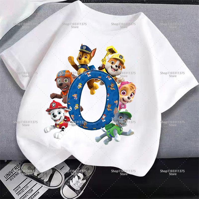 Cute PAW Patrol T-shirt Letter A-Z Boys Girls Clothes Short Sleeve Summer Cartoon Kids Birthday Toddler Cotton Outdoor Wear Gift