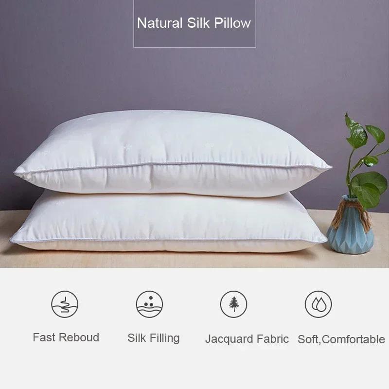48*74Cm Mulberry Silk Bedding Pillows 1000 Grams Natural Silk Filling Jacquard Anti Mite Soft Fluffy Hotel Neck Sleeping Pillows